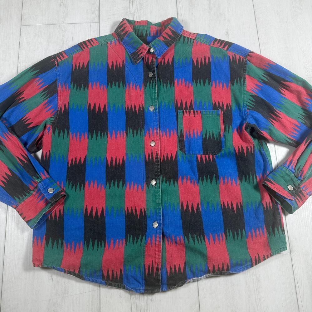 Rancho Deluxe Men's Large Native Western Over shirt Flannel Black Red Button Up